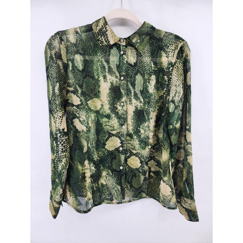 Kris Jenner Green Snakeskin Button Down Sheer Blouse XXS Glam Chic Office